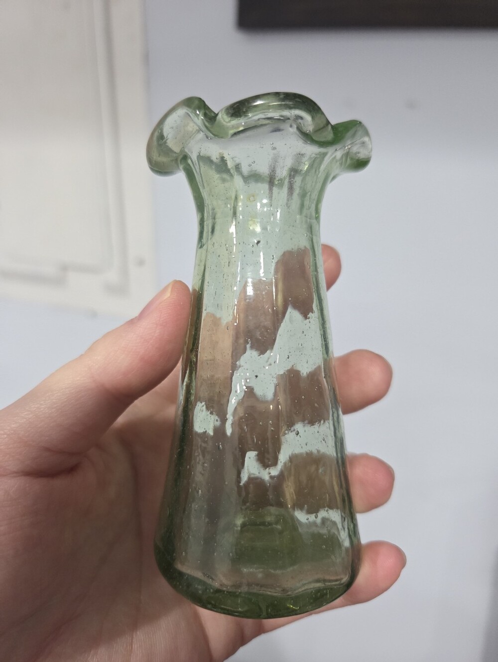 Vintage 19th Century Green Glass Bud Vase Hand Blown Bubbles